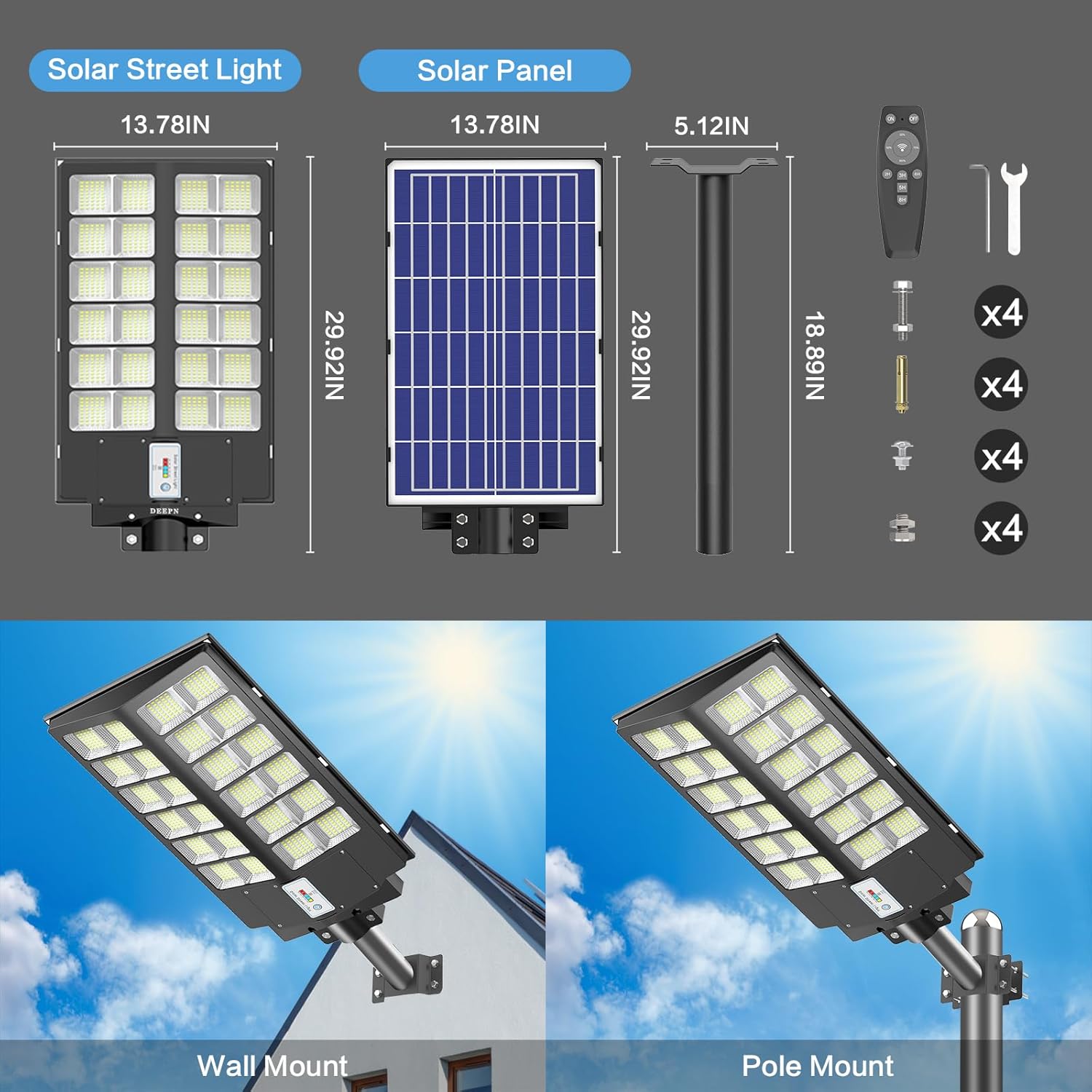 Deepn 8000W Solar Street Light, 480000 Lumens Dusk to Dawn LED Flood Lights Outdoor Motion Sensor, IP66 Waterproof Commercial Grade Solar Outdoor Lights with Remote Control for Parking Lot, 2 Pack - Image 5